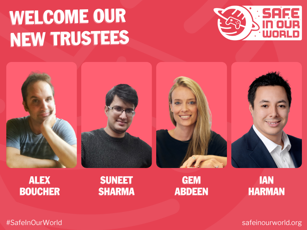 There is a SIOW pink/red background with white text titling 'Welcome our new trustees' There is a SIOW logo in the top right corner. There are four rectangles with photos of each Trustee above their names in white below. There is a #SafeInOurWorld and safeinourworld.org text at the bottom of the image.